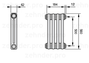Схема (чертеж) Радиатор Zehnder Charleston 2056/4 №7610 Белый глянцевый RAL 9016